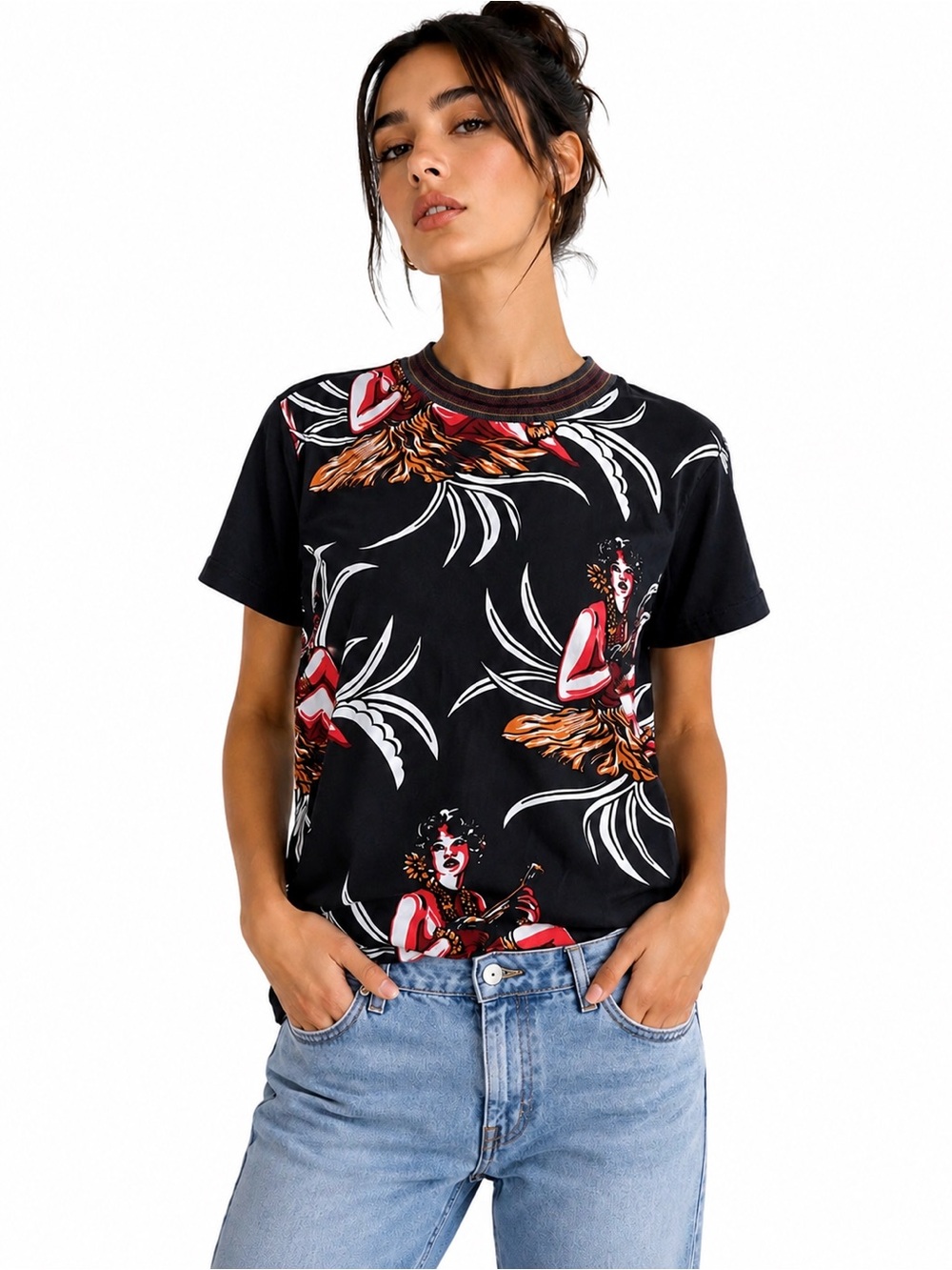 PRADA Hula Dancer Graphic Tee Black Tropical Print Shirt / XS